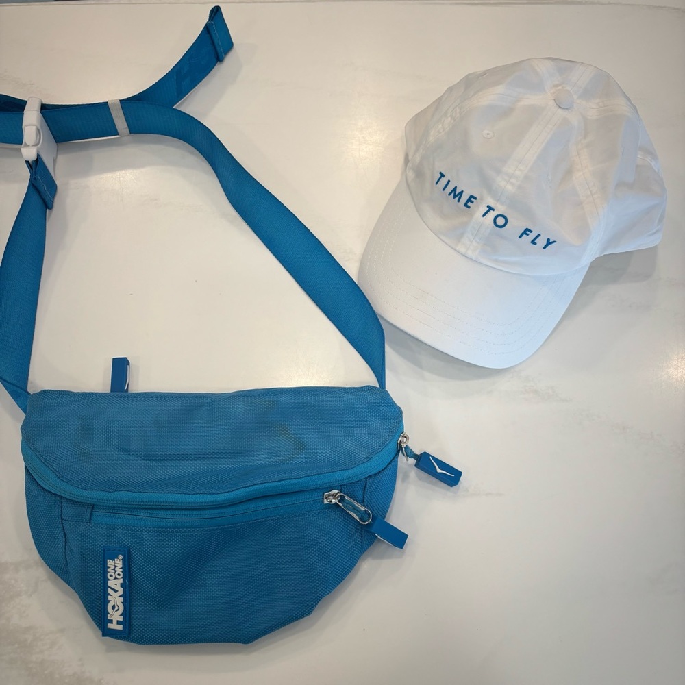 Hoka White SnapBack Hat Time to Fly and Hoka Fanny pack blue